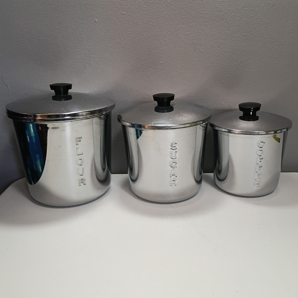 Vintage 1950s Everedy Classic Chrome 3 Pc Nesting Canister Set Flour Sugar Coffe
